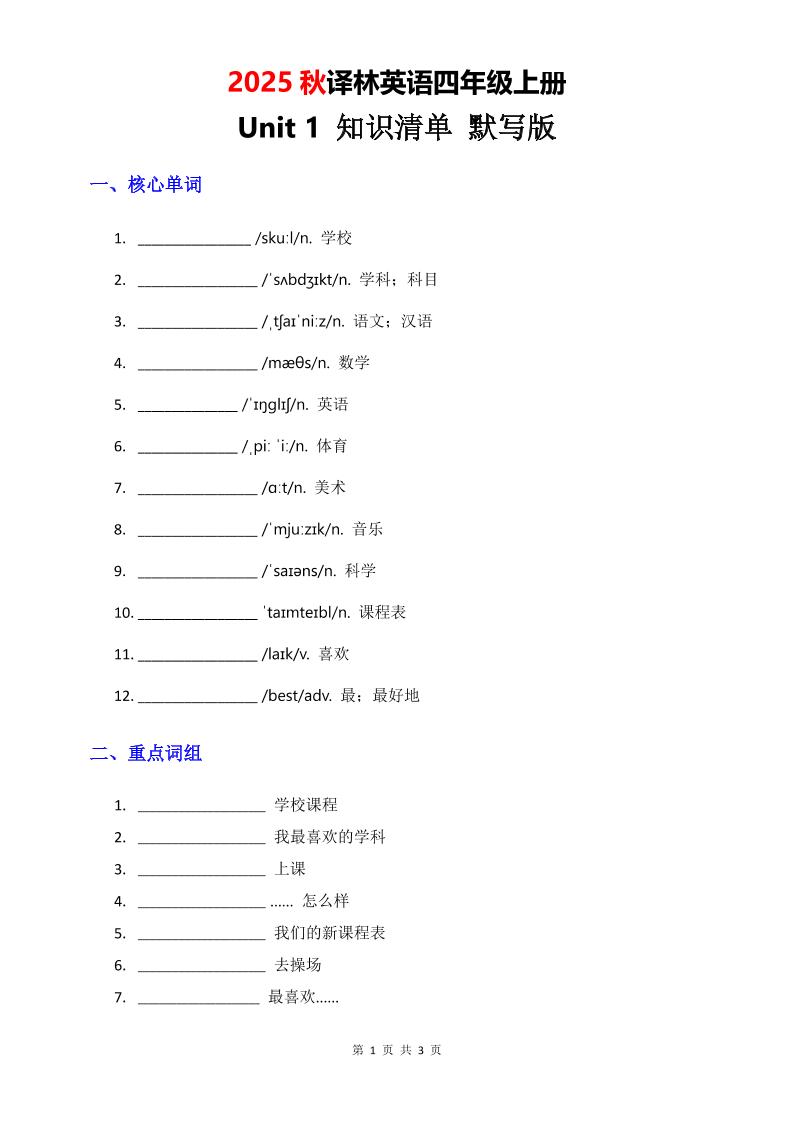 2025秋译林英语四上Unit1知识清单-默写版-ABC库