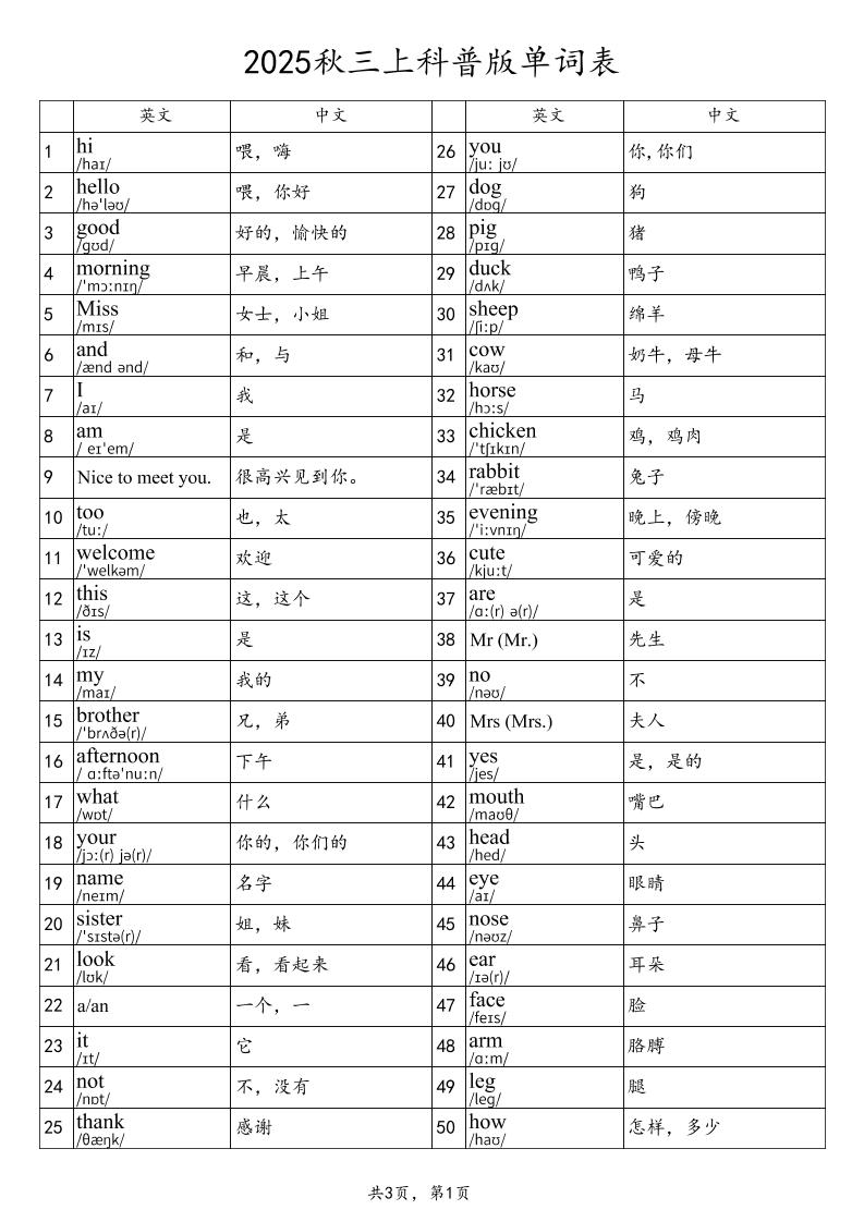 2025秋三上英语科普版单词表-ABC库