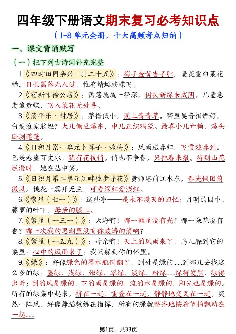 四年级下册语文期末复习必考知识点-ABC库