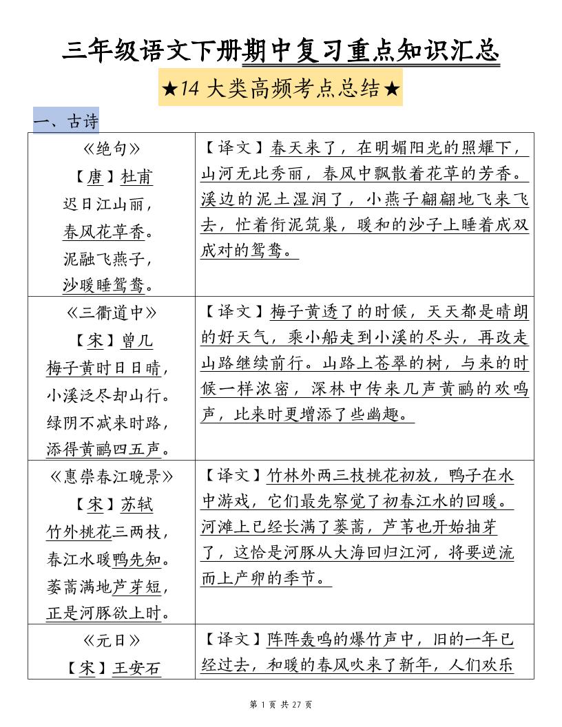 三下语文期中复习重点知识汇总-14大高频考点-ABC库