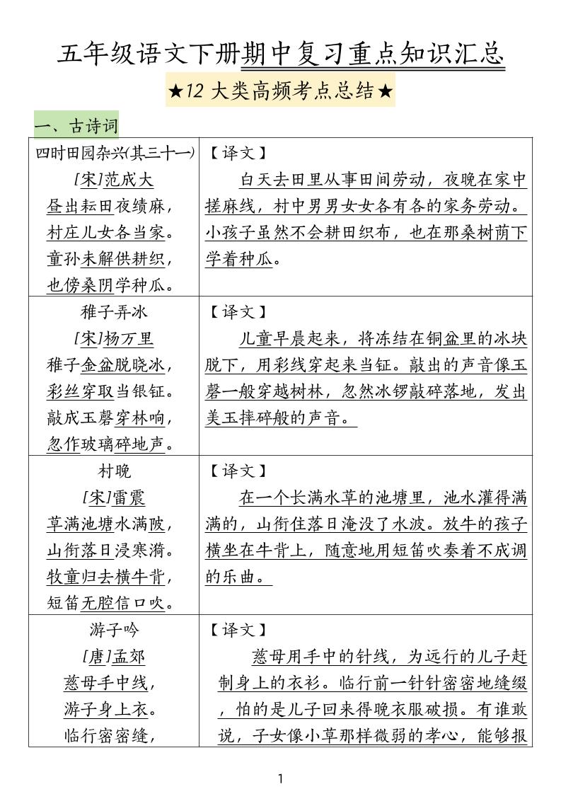 五下语文期中高频考点总结-ABC库