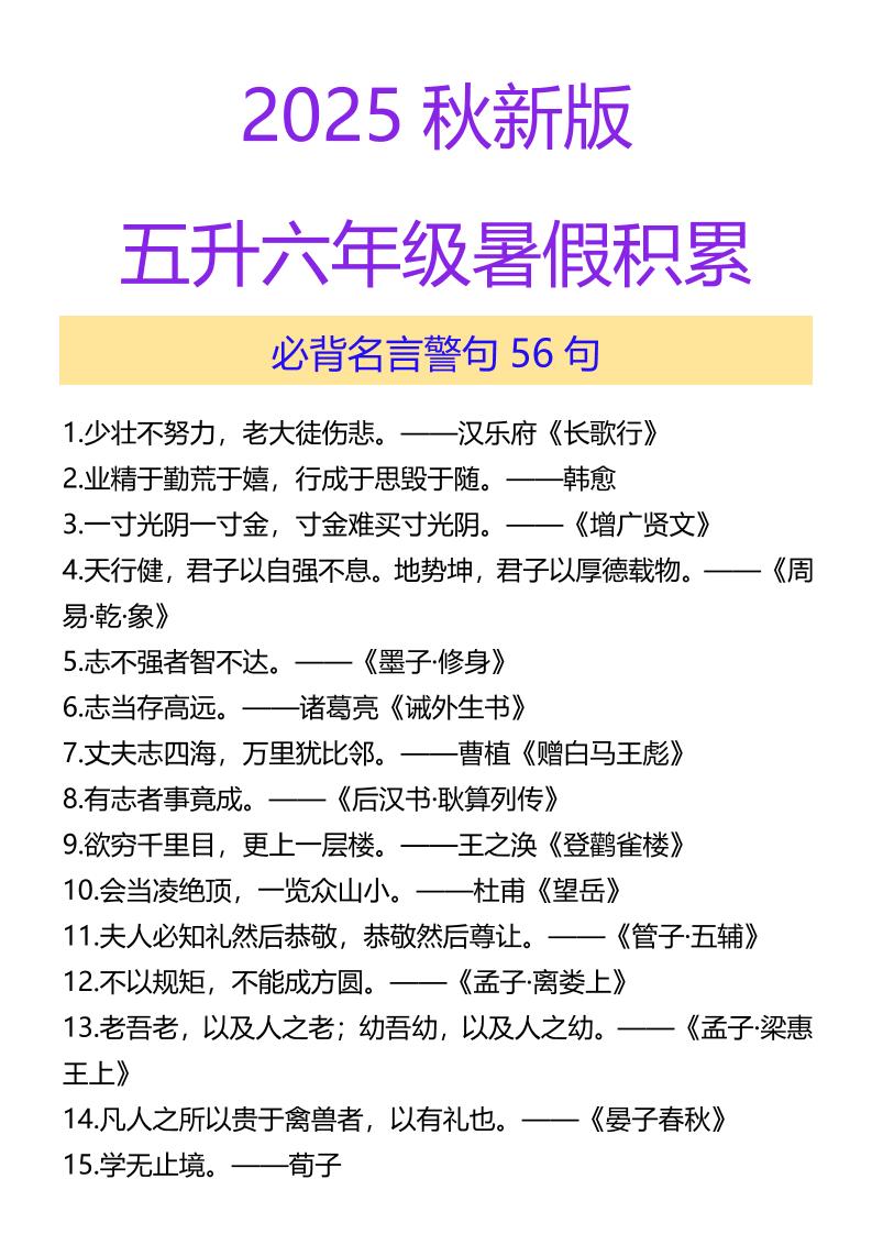 【2025秋新版】五升六年级暑假积累必背名言警句56句-六上语文-ABC库