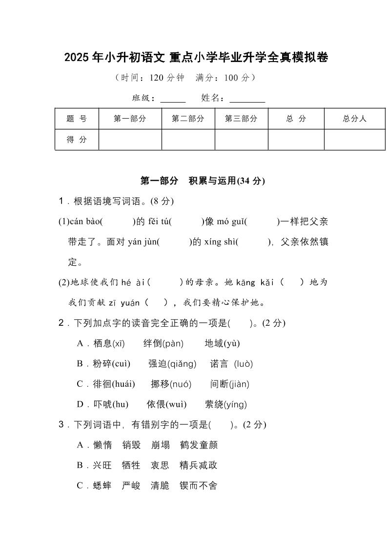 2025年小升初语文重点小学毕业升学全真模拟卷（一）13页-ABC库