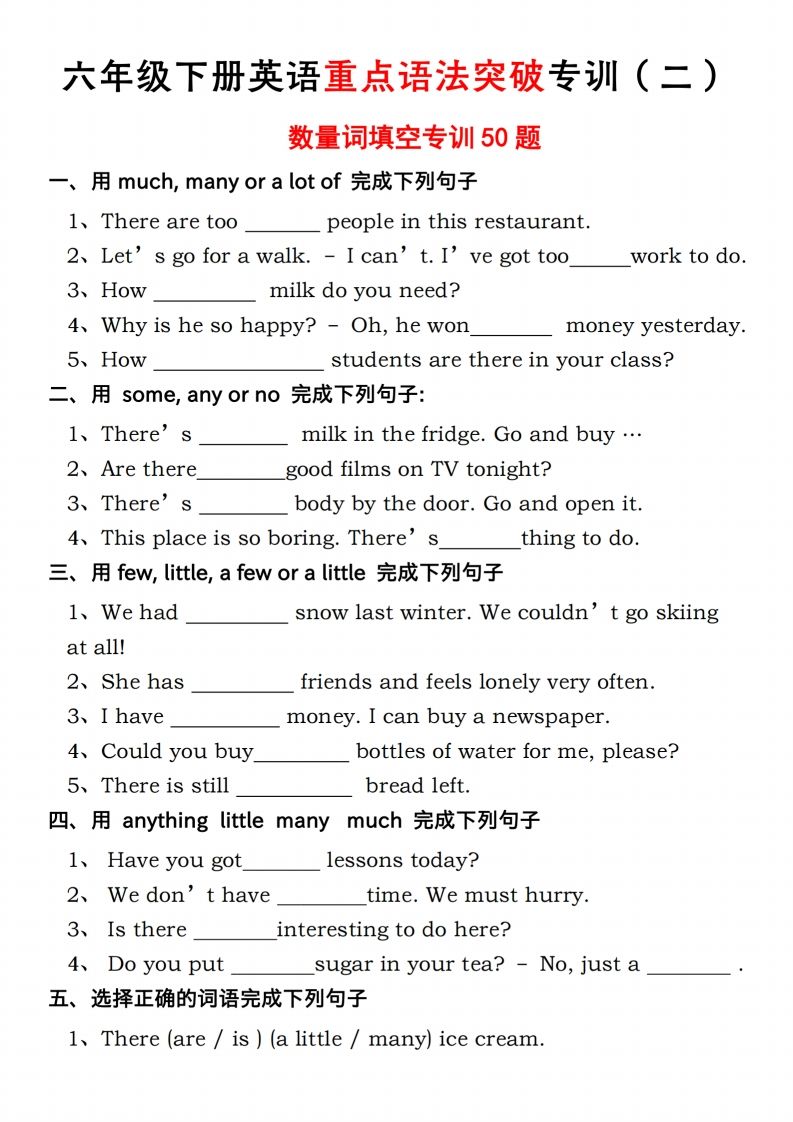 六年级下册人教PEP英语重点语法突破专项训（二）数量词填空-ABC库