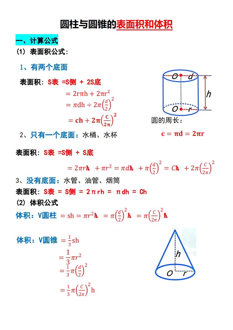 六下数学【圆柱与圆锥的思维导图和公式】-ABC库