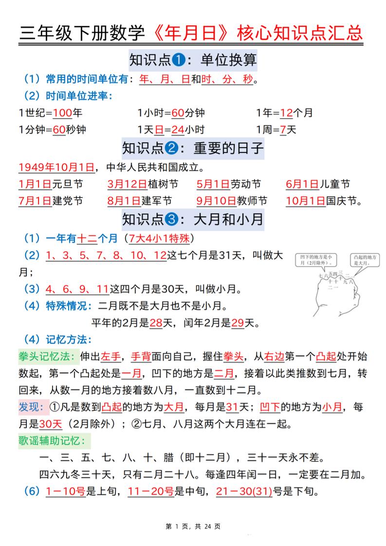 三下数学《年月日》核心知识点汇总+计算技巧+六大考点必刷题（练习+答案24页）-ABC库