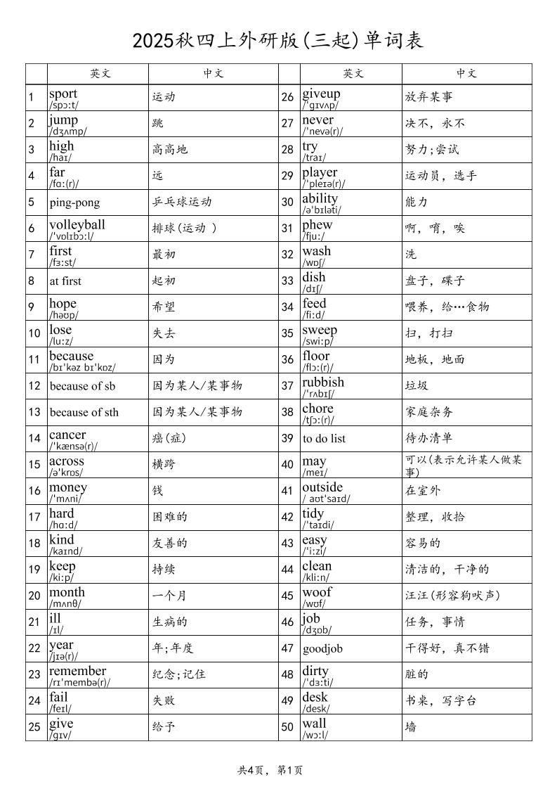 2025秋四上英语外研版(三起)单词表-ABC库