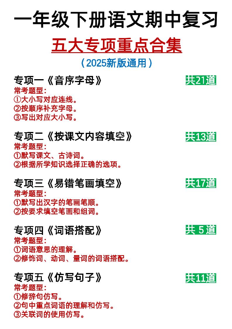 25新一下语文期中复习五大专项重点合集14页-ABC库