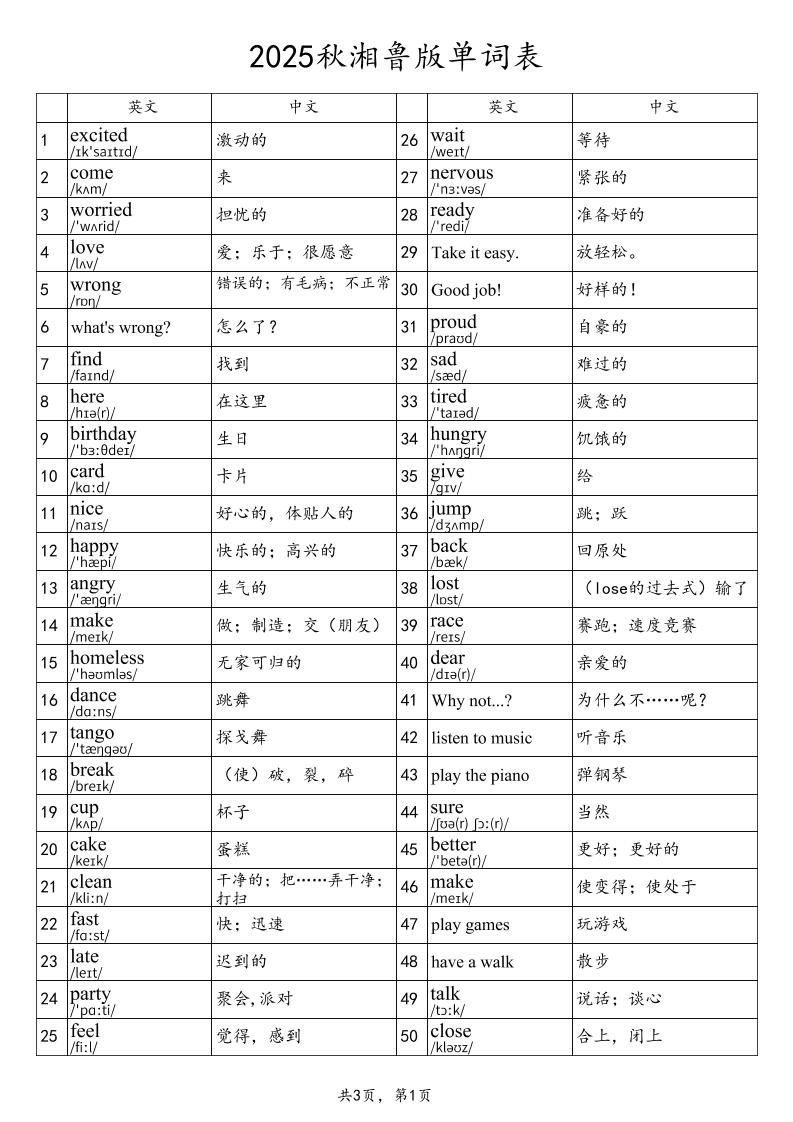2025秋四上英语湘鲁版单词表-ABC库