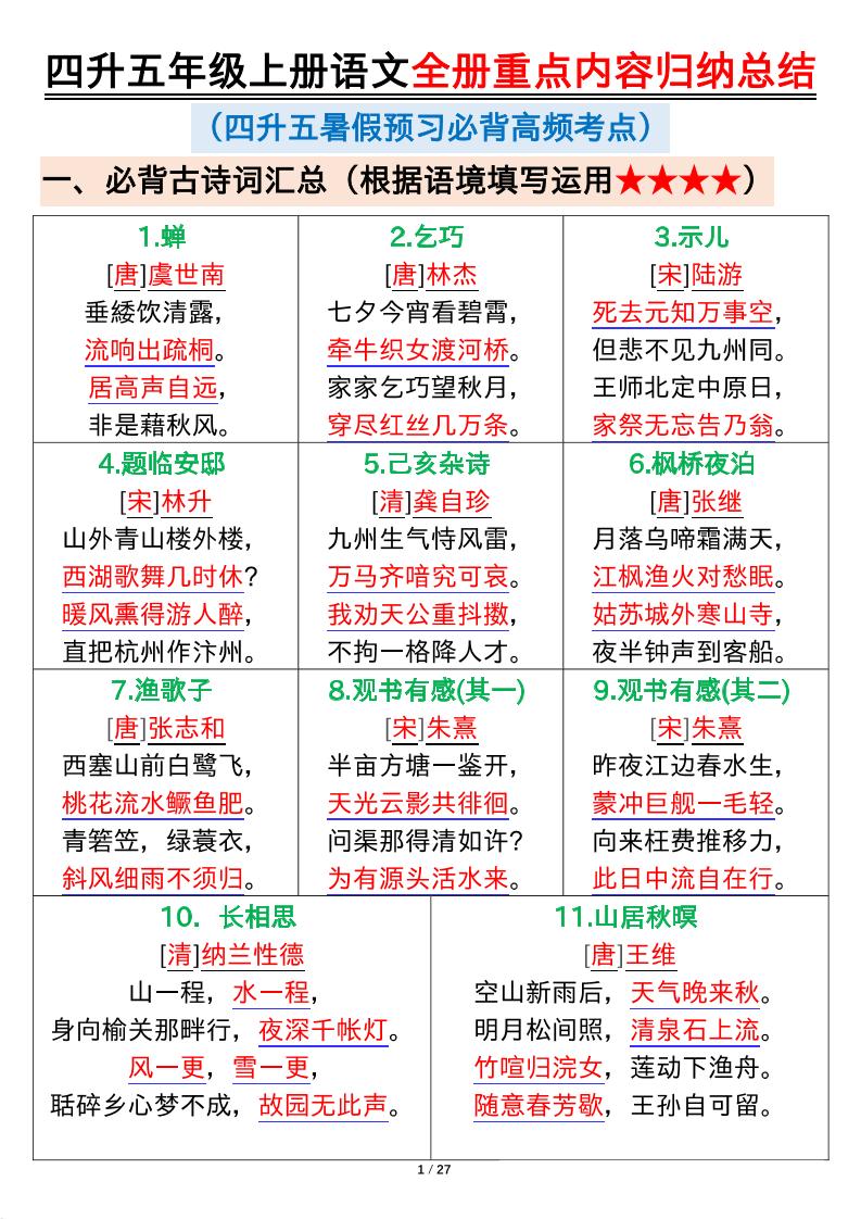 四升五年级上册语文全册重点内容归纳总结输出27页-五上语文-ABC库