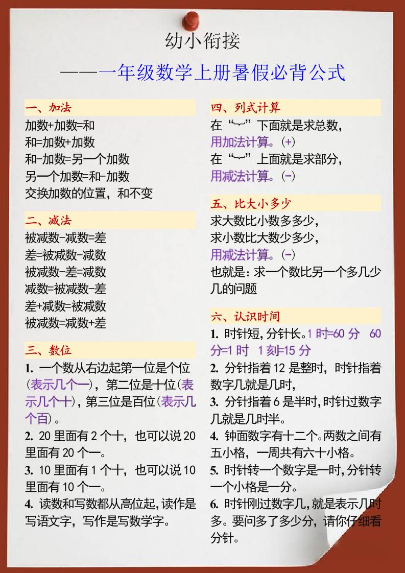 幼小衔接一年级数学上册暑假必背公式-ABC库
