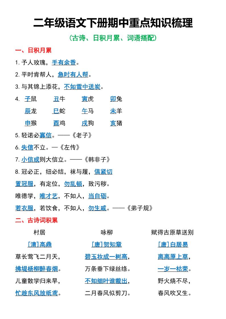 二年级语文下册期中重点知识梳理6页-ABC库