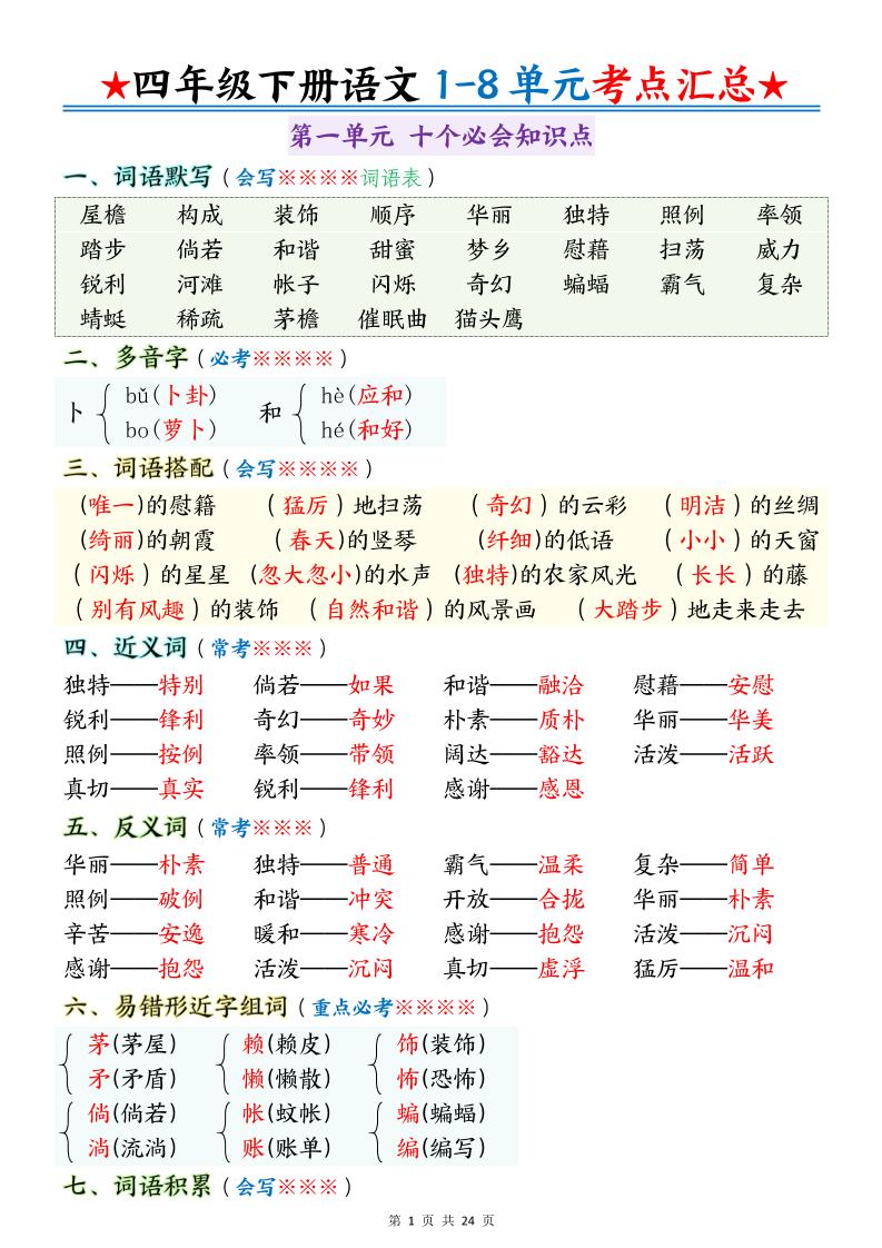 四下语文期末1-8单元十大考点必背-ABC库