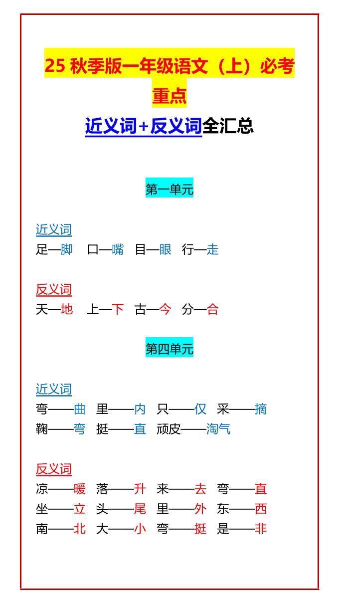 【2025秋新版】一年级语文上必考重点近义词+反义词全汇总-ABC库
