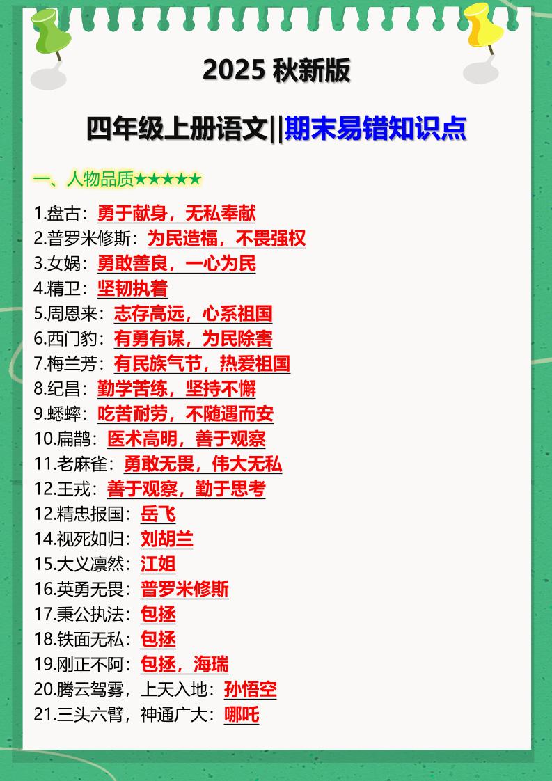【2025秋新版】四年级上册语文‖期末易错知识点-ABC库
