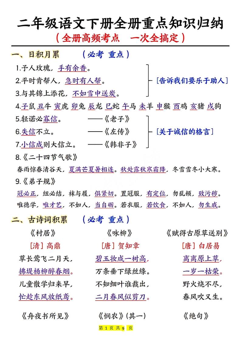 二下语文期末考试全册高频考点-ABC库