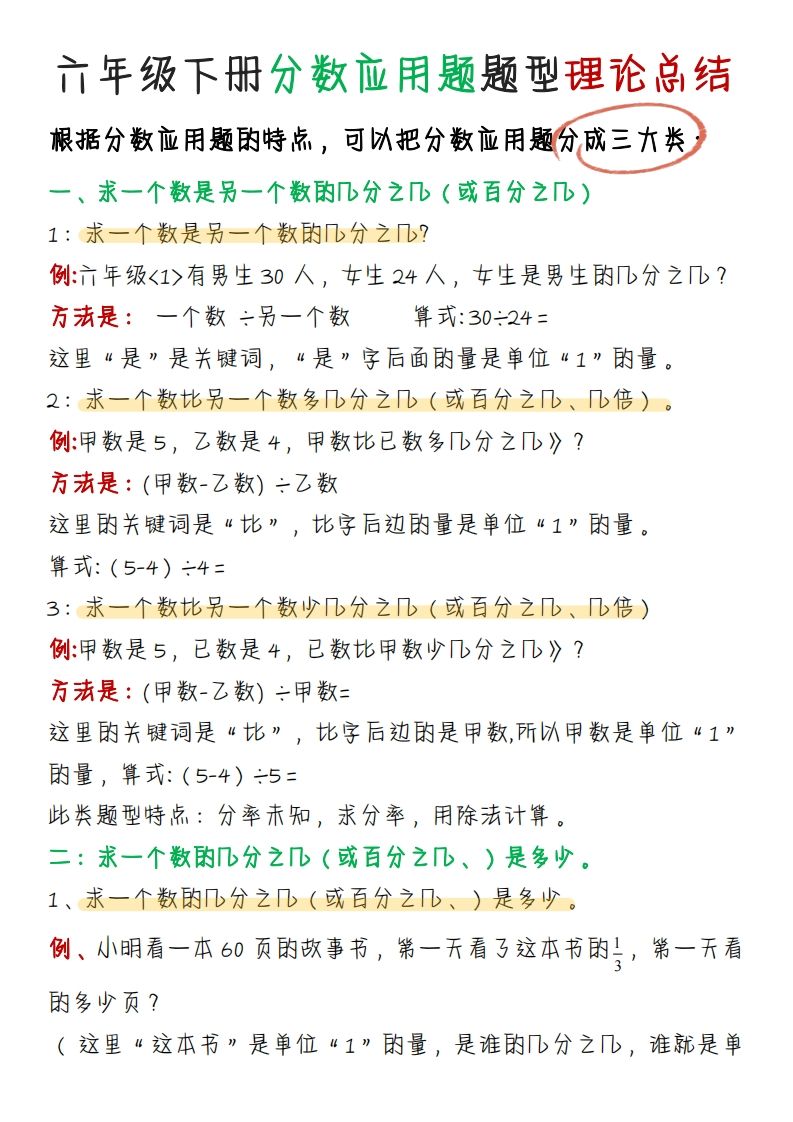 《分数应用题题型理论总结》六下数学【北师版】-ABC库