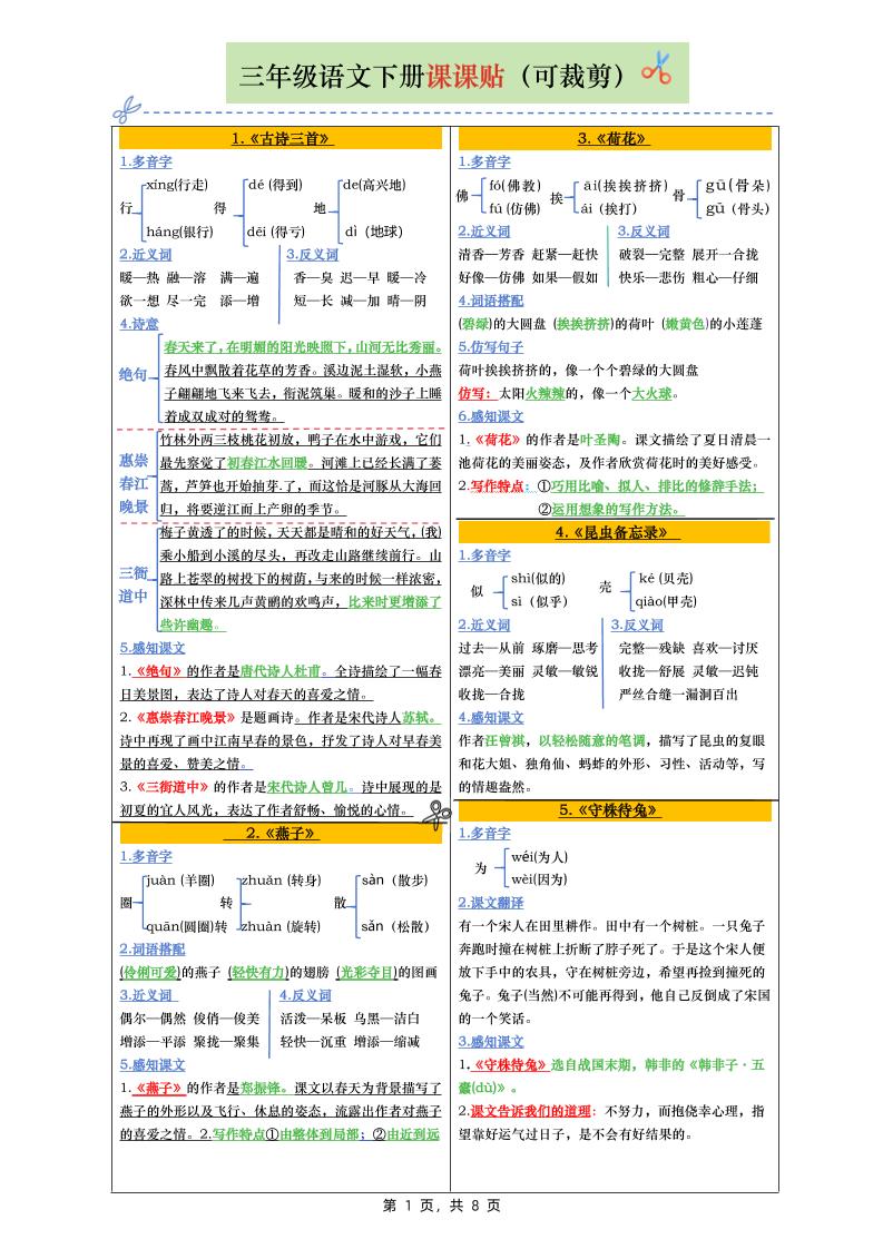 三下语文全册彩色版课课贴（1-28课）8页-ABC库
