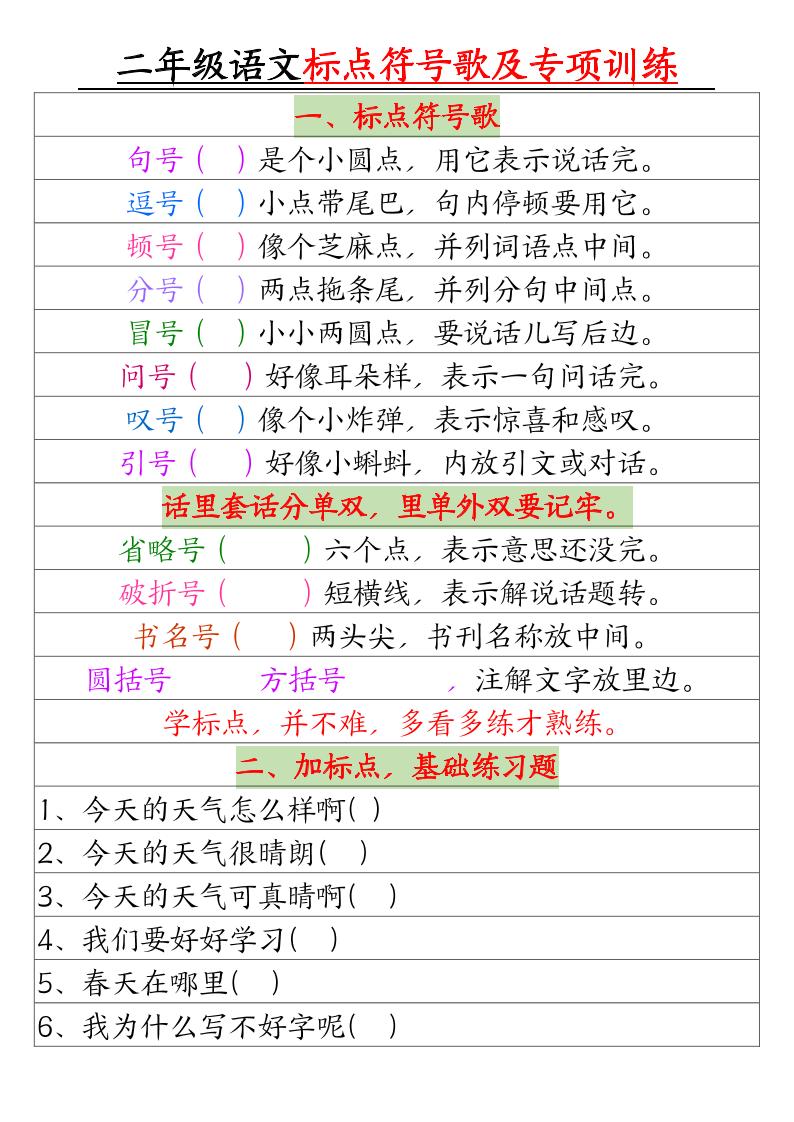 二年级下册语文标点符号歌及专项训练（4页）-ABC库