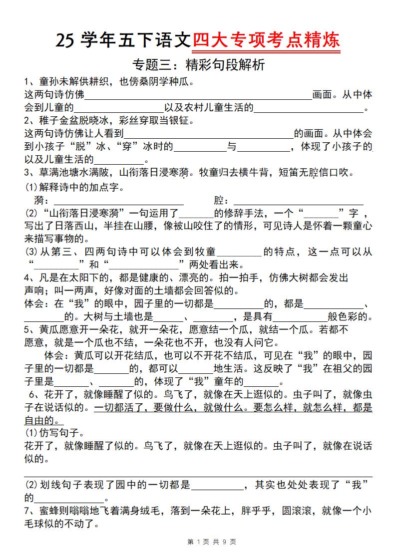 25学年五下语文四大专项考点精炼（专题三：精彩句段解析）-ABC库