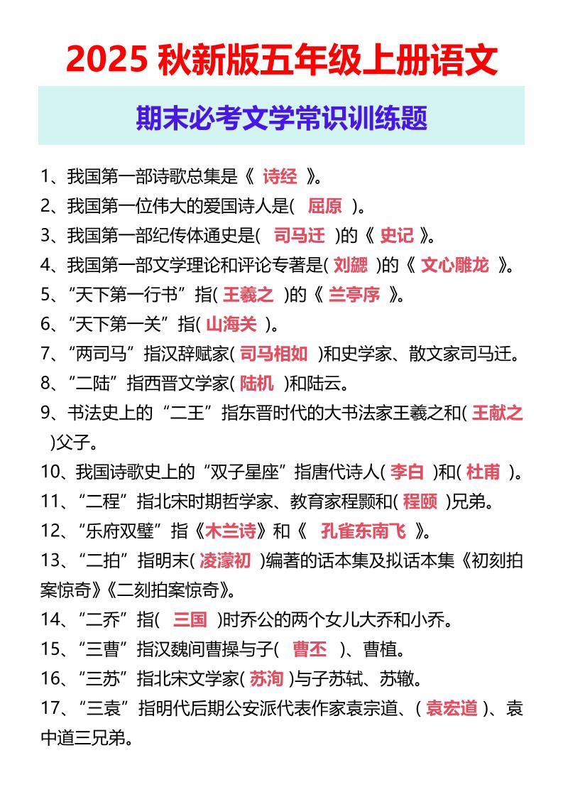 【2025秋新版】五年级上册语文期末必考文学常识训练题-ABC库