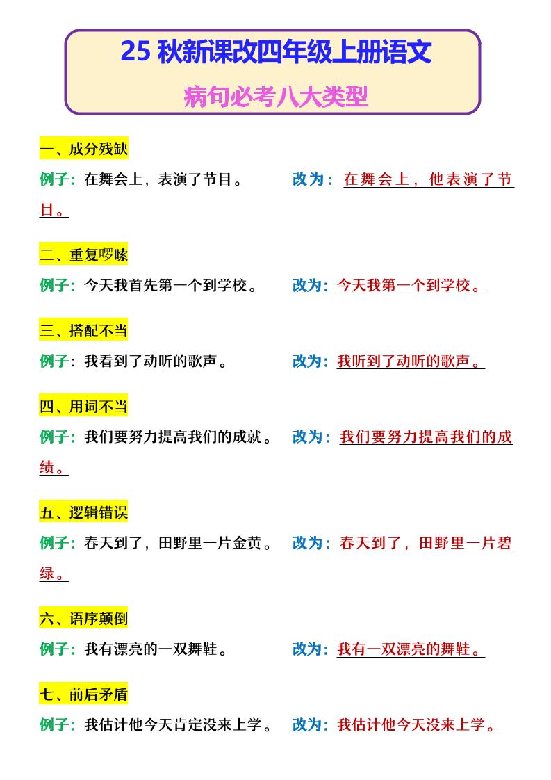 【2025秋新版】四年级上册语文病句必考八大类型-ABC库