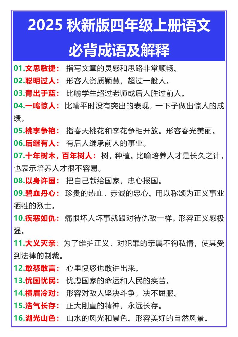 【2025秋新版】四年级上册语文必背成语及解释-ABC库