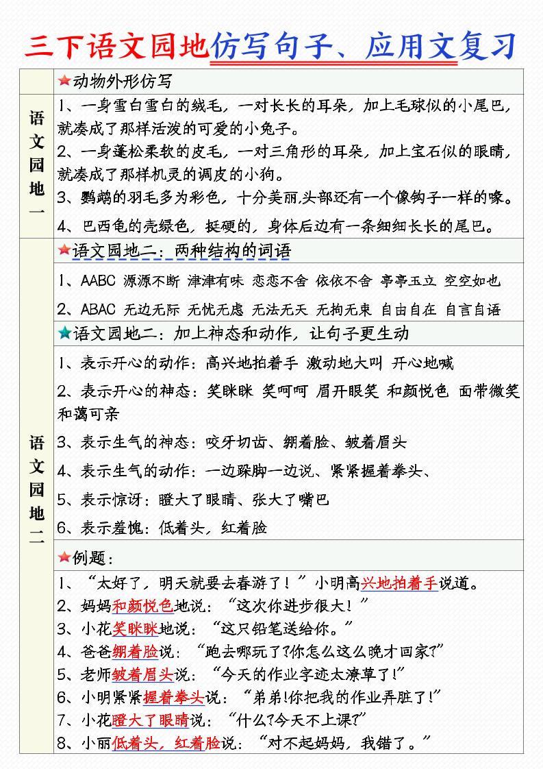 三年级下语文1-8单元语文园地句子仿写+应用文专练-ABC库
