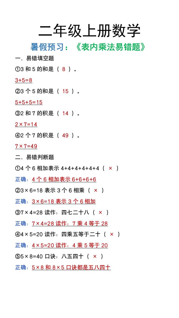 二年级上册数学暑假预习《表内乘法易错题》-ABC库