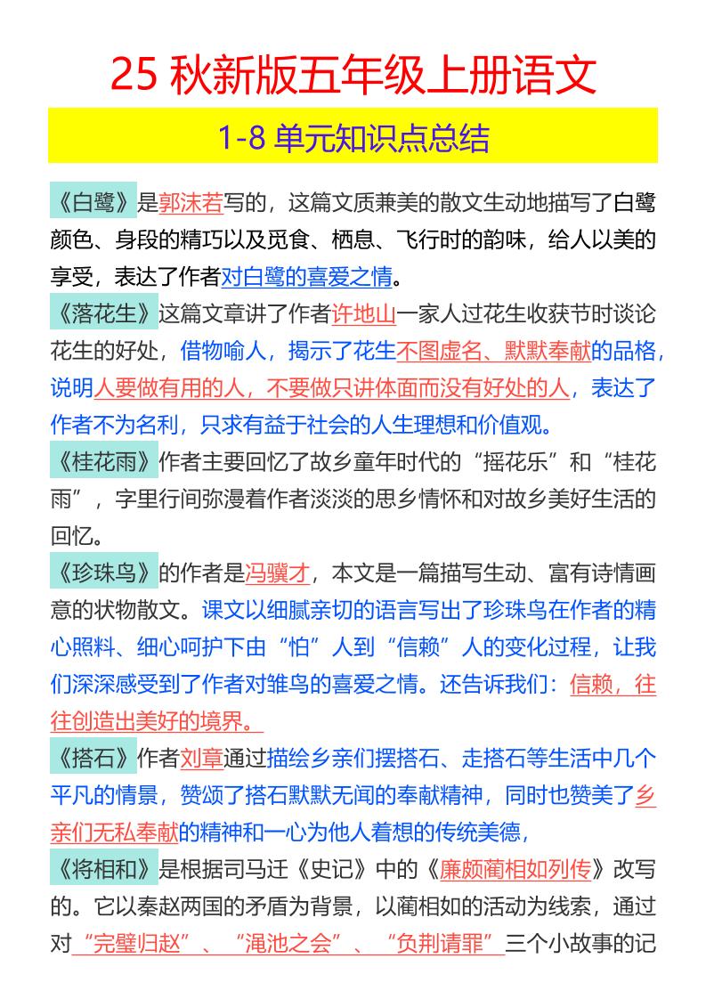 【2025秋新版】五年级上册语文1-8单元知识点总结-ABC库