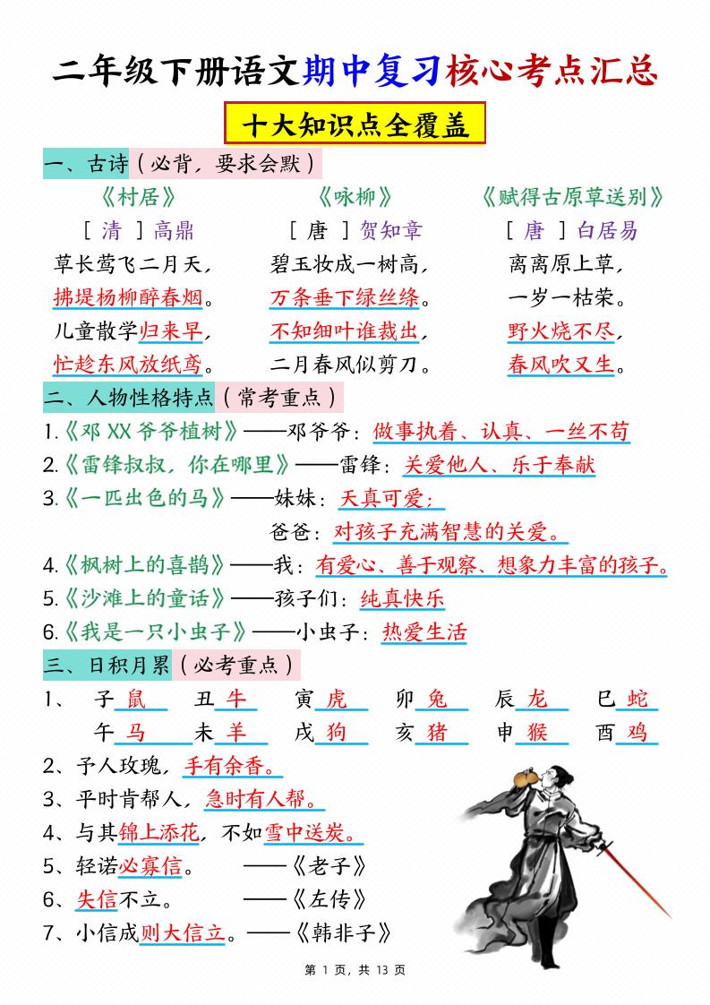 二下语文期中复习核心考点汇总（10大知识点）13页-ABC库
