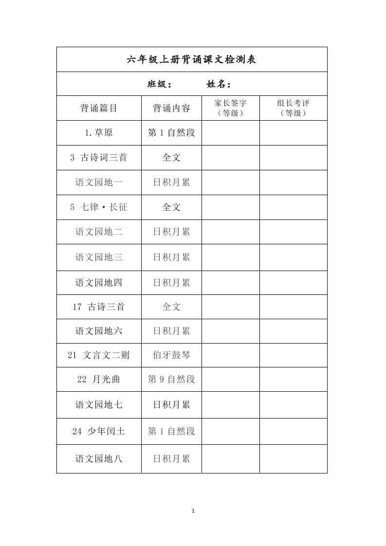 六年级上册背诵课文检测表及内容-语文-ABC库