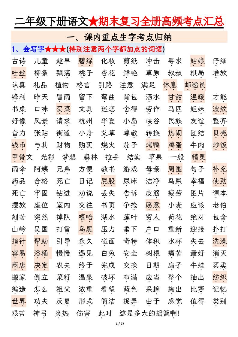 【期末复习全册高频考点必考知识点汇总（27页）】二下语文-ABC库