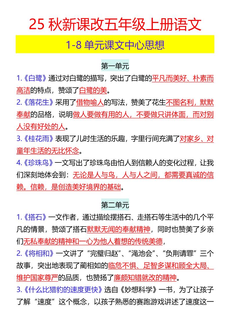 【2025秋新版】五年级上册语文1-8单元课文中心思想-ABC库