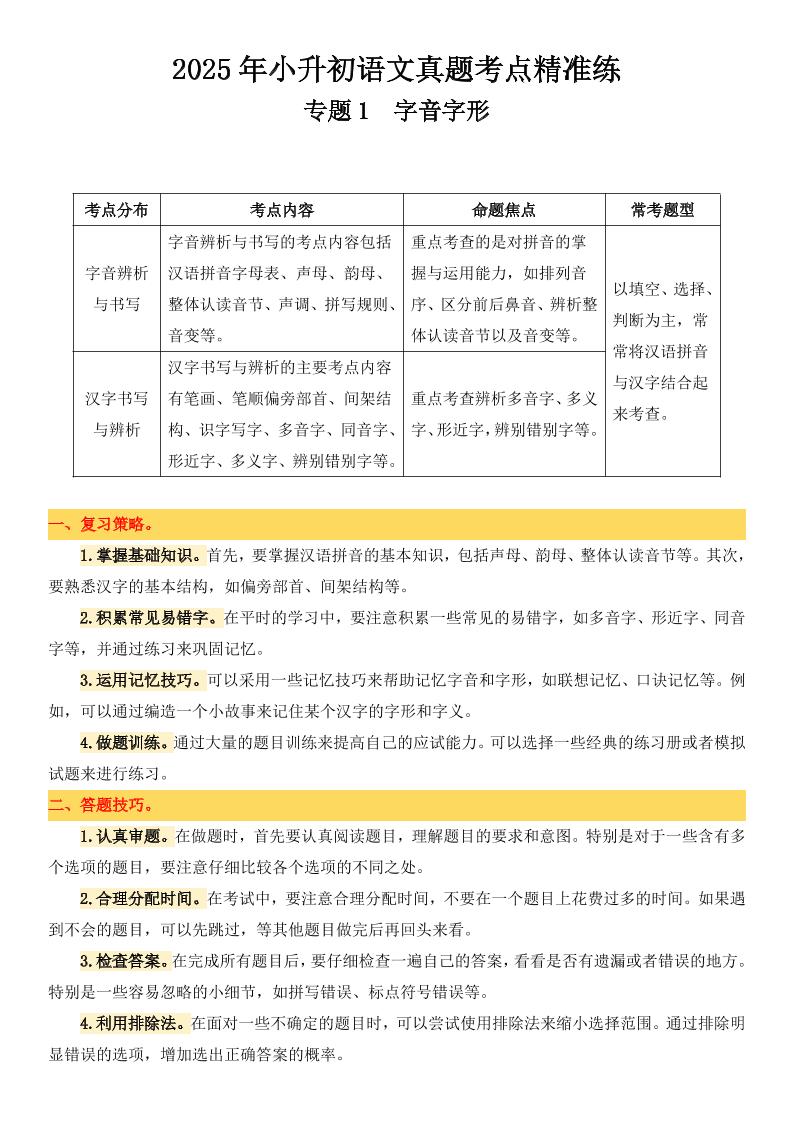 小升初语文备考真题分类汇编专题1字音字形-ABC库