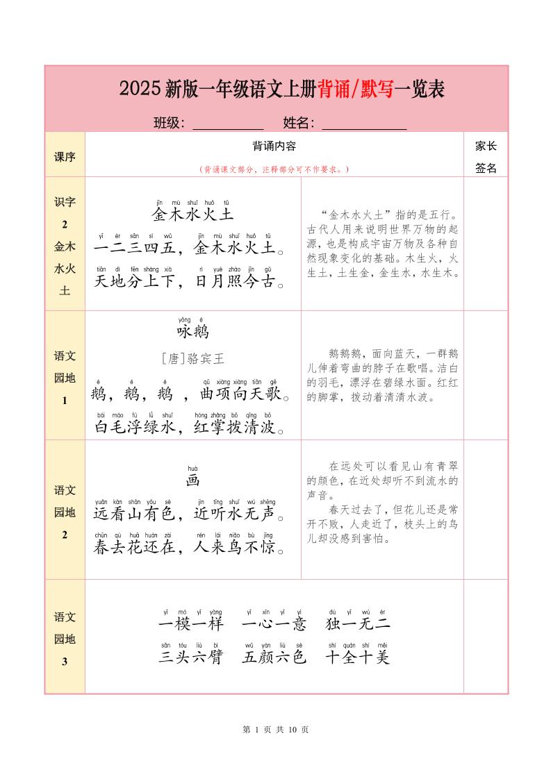 一上语文【25秋-必背内容+默写表】-ABC库
