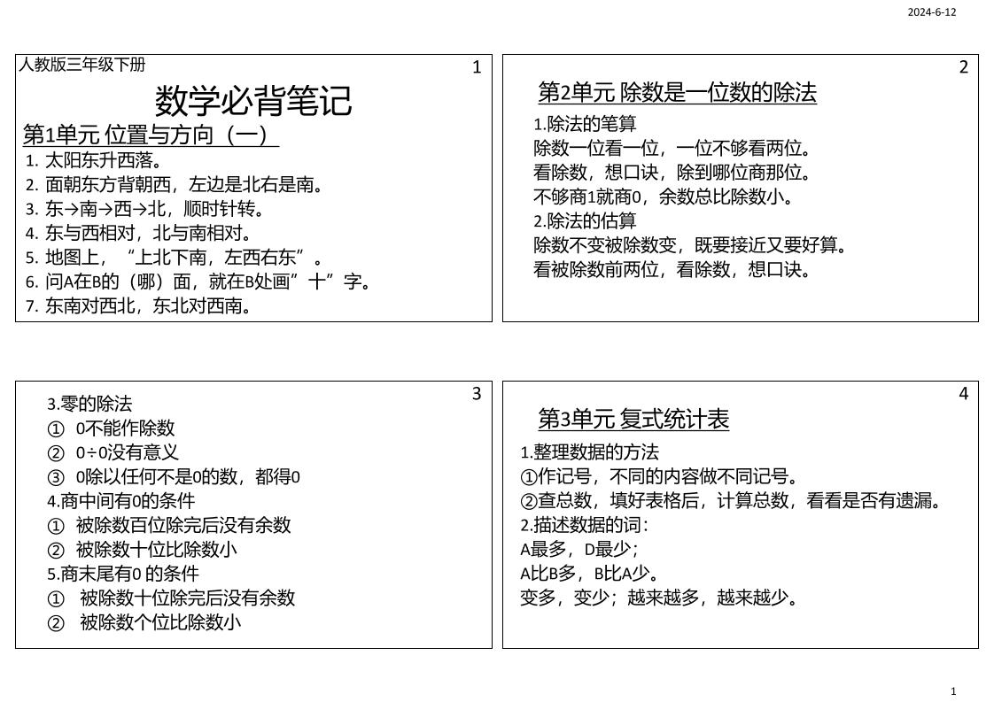 三年级数学下册必背笔记课课贴（4图）-ABC库