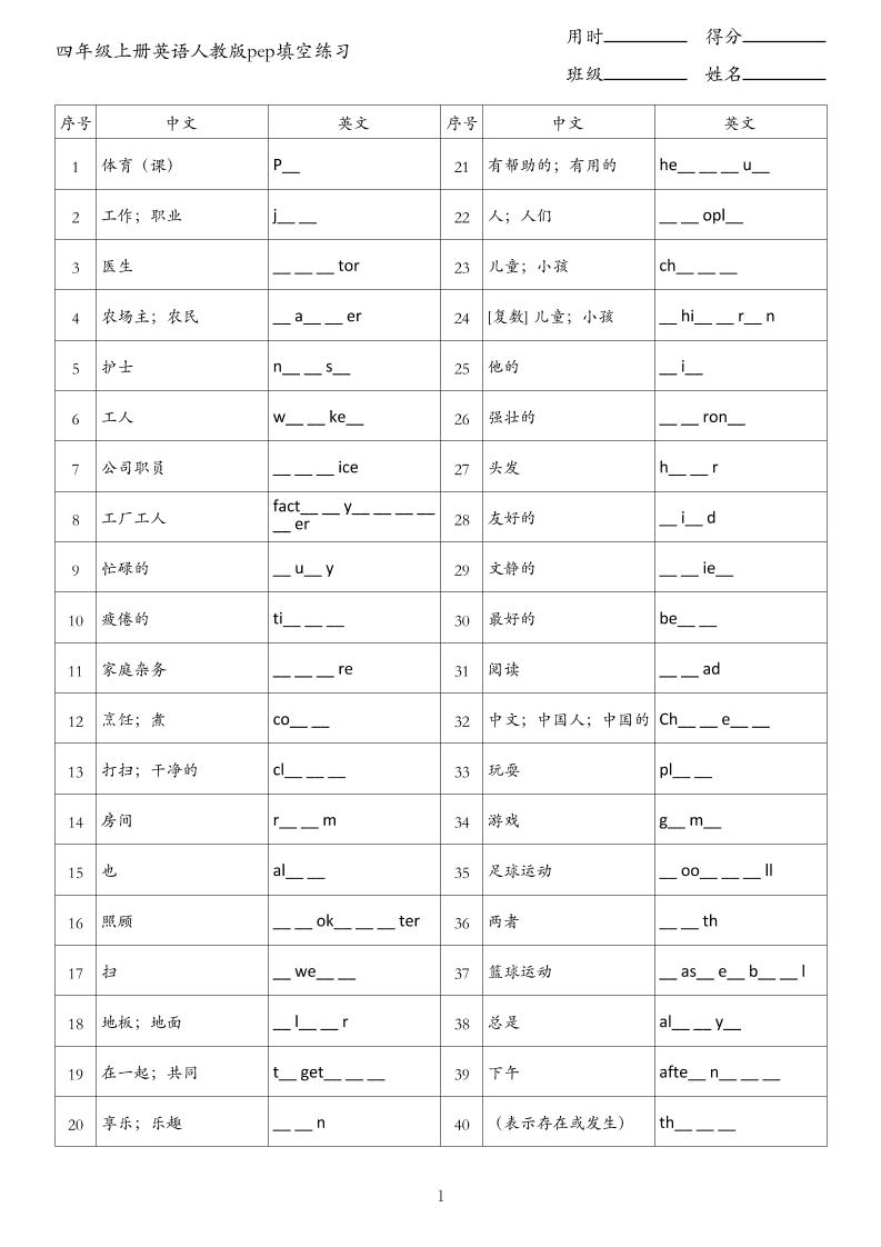 四年级上册英语人教版pep填空练习-ABC库