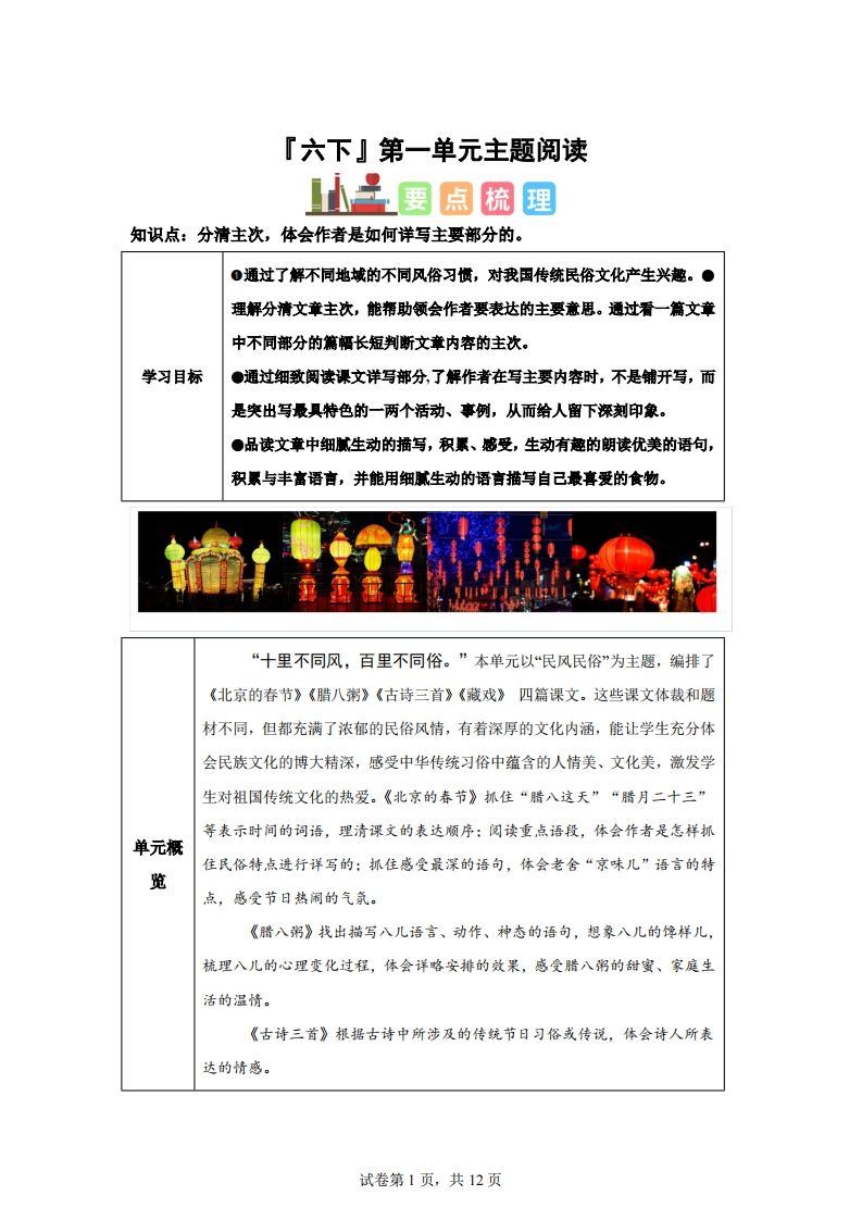 【主题阅读】统编版语文六年级下册第一单元“民风民俗”（主题阅读）-ABC库