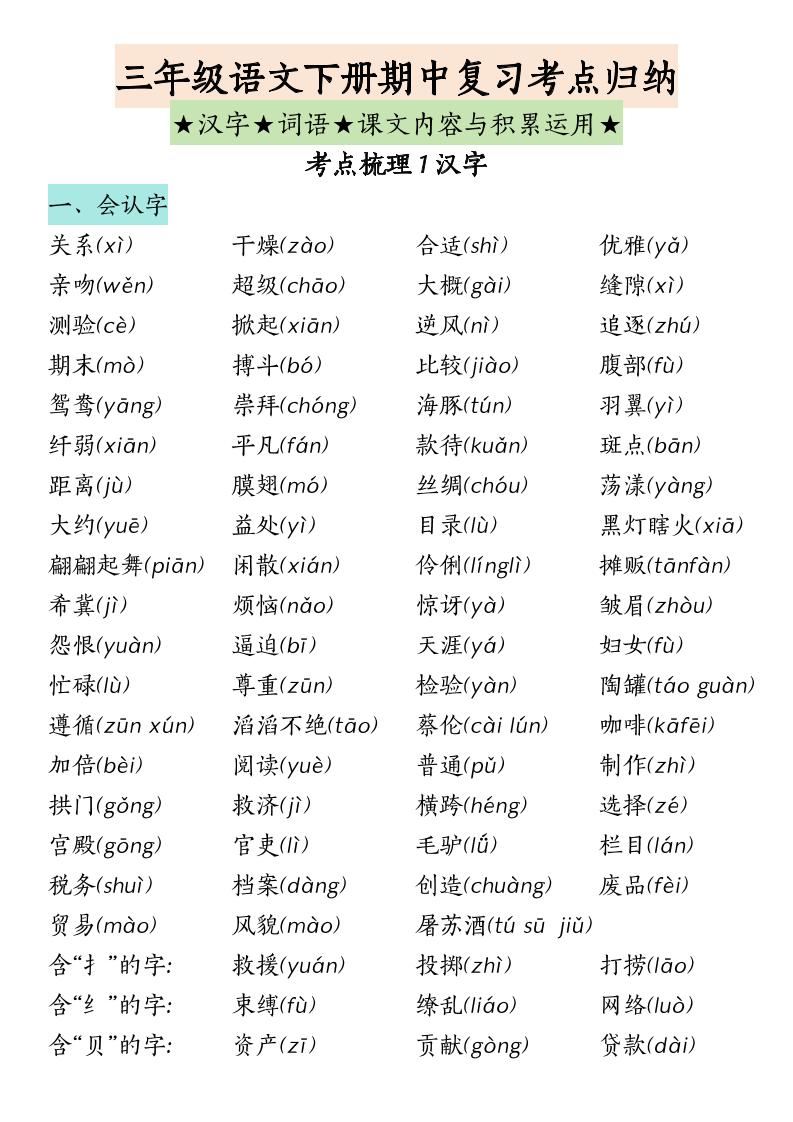 三下语文期中复习（汉字★词语★课文内容与积累运用）-ABC库
