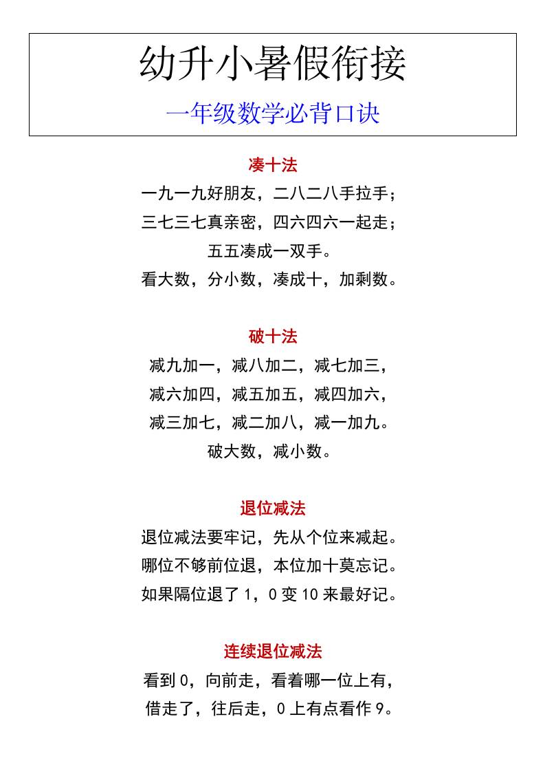 幼升小暑假衔接一年级数学必背口诀-ABC库