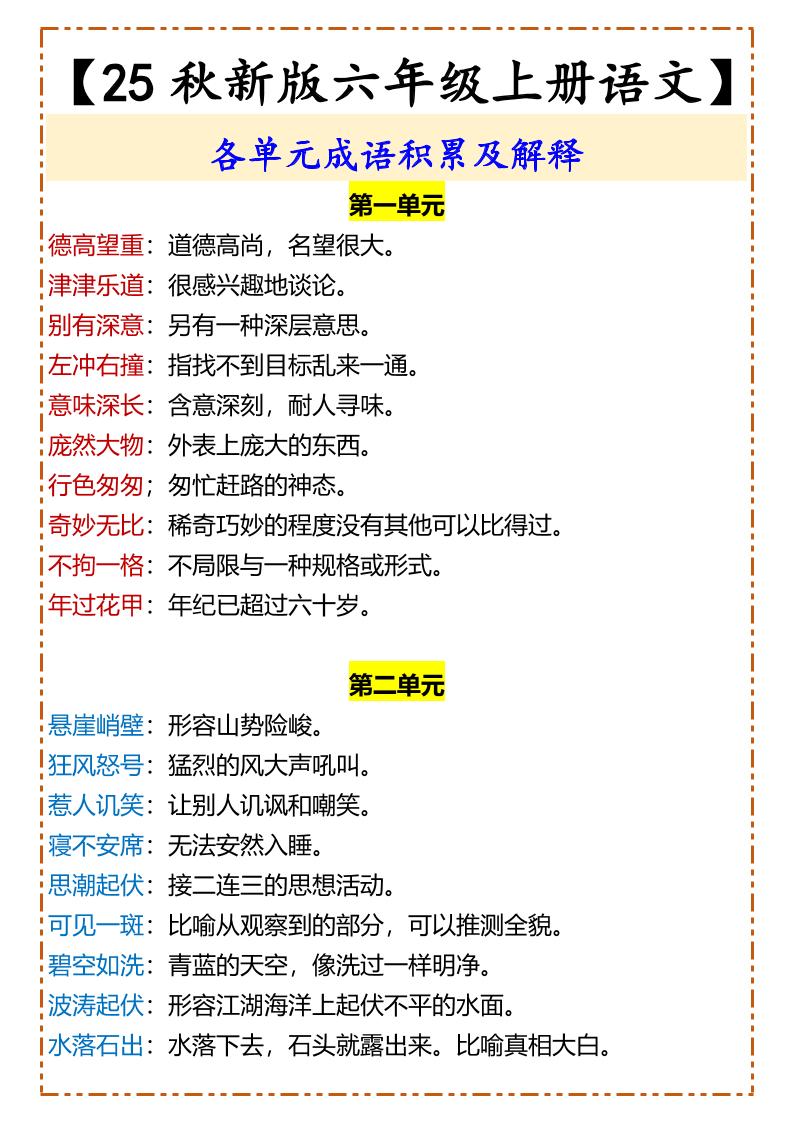 【2025秋新版】【六年级上册语文】各单元成语积累及解释-ABC库