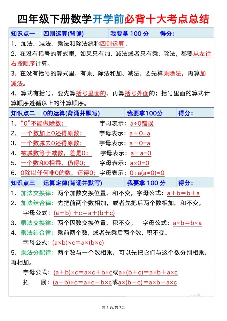 四下数学必背十大考点总结7页-ABC库