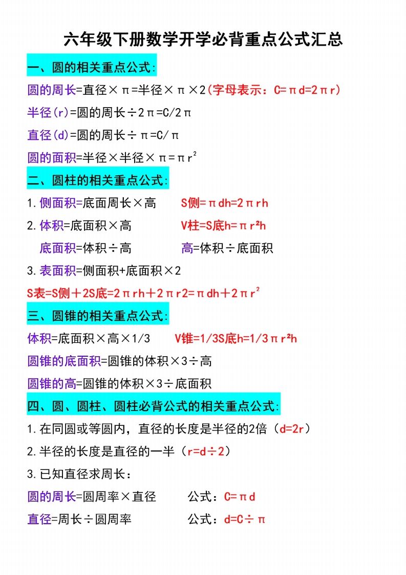 六下数学必背重点公式汇总-ABC库