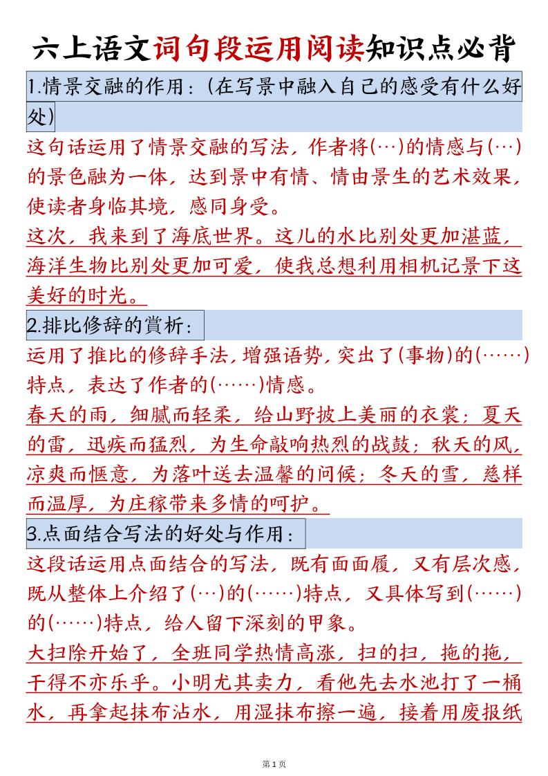 六年级语文上册词句段运用阅读知识点必背-ABC库