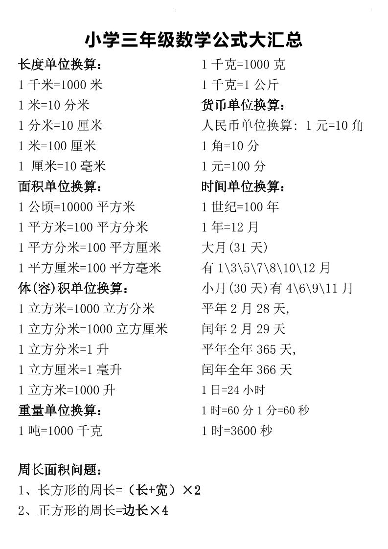 三年级下册数学公式大汇总-ABC库