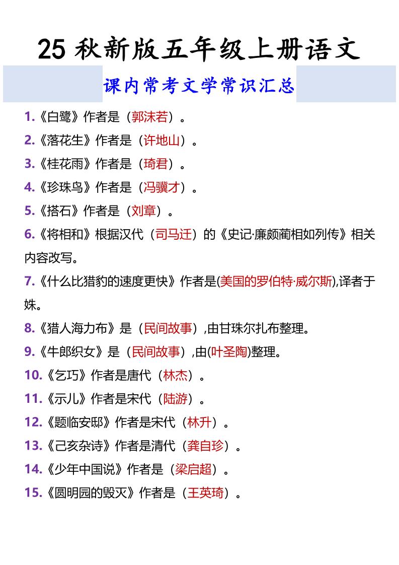 【2025秋新版】五年级上册语文课内常考文学常识汇总-ABC库