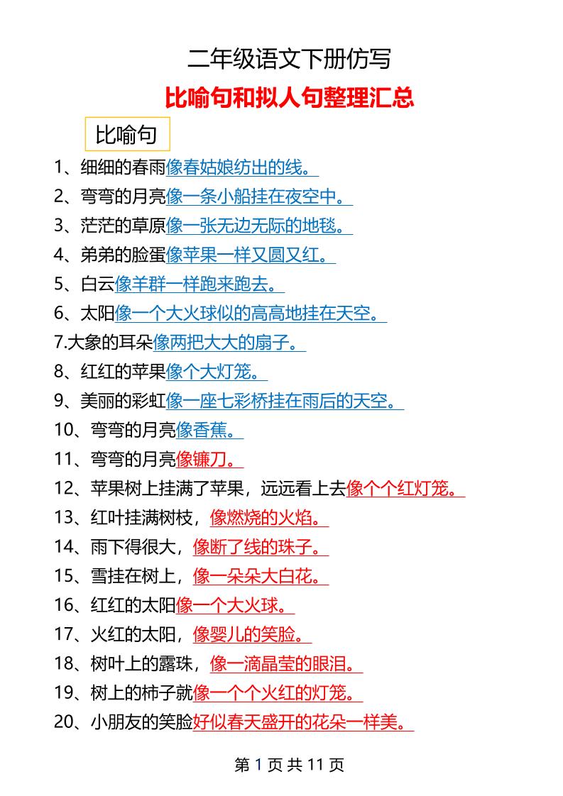 二年级下册语文仿写拟人比喻句整理汇总12页-ABC库