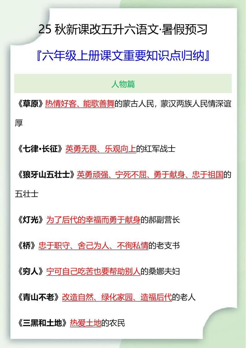 【2025秋新版】六年级语文上册课文重要知识点归纳-ABC库