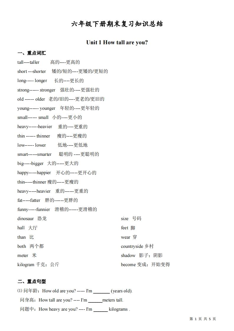 六下人教版PEP英语期末复习知识总结-ABC库
